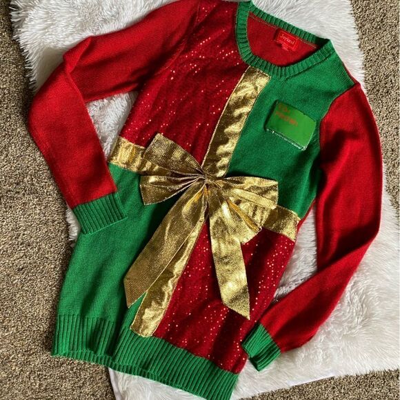 Joyland Holiday Ugly Christmas Bow Sweater Color Block Size Small - Picture 1 of 8